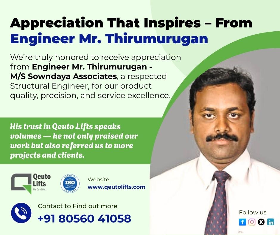 We’re truly honored to receive appreciation from Engineer Mr. Thirumurugan - M/S Sowndaya Associates, a respected Structural Engineer, for our product quality, precision, and service excellence.